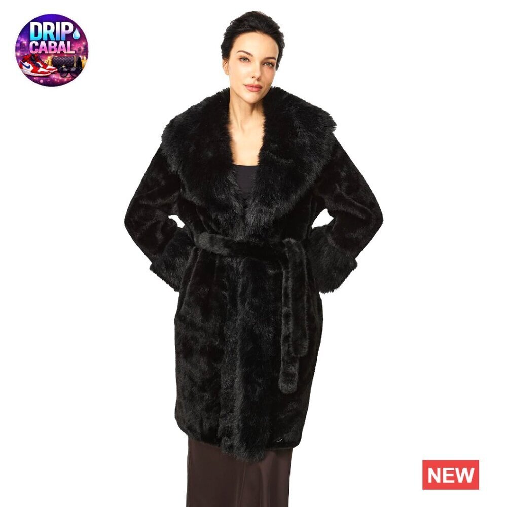 Faux Fur Coat Elegant Knee Length Winter Jacket with Belt and Pockets